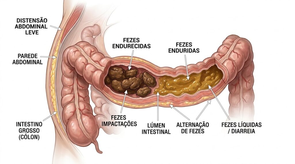 O intestino irritável pode alternar períodos de diarreia e prisão de ventre, acompanhados de dor e inchaço.