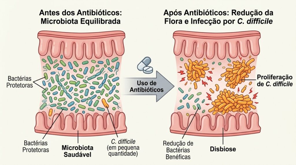 O uso de antibióticos pode alterar a microbiota intestinal e favorecer infecção por C. difficile.