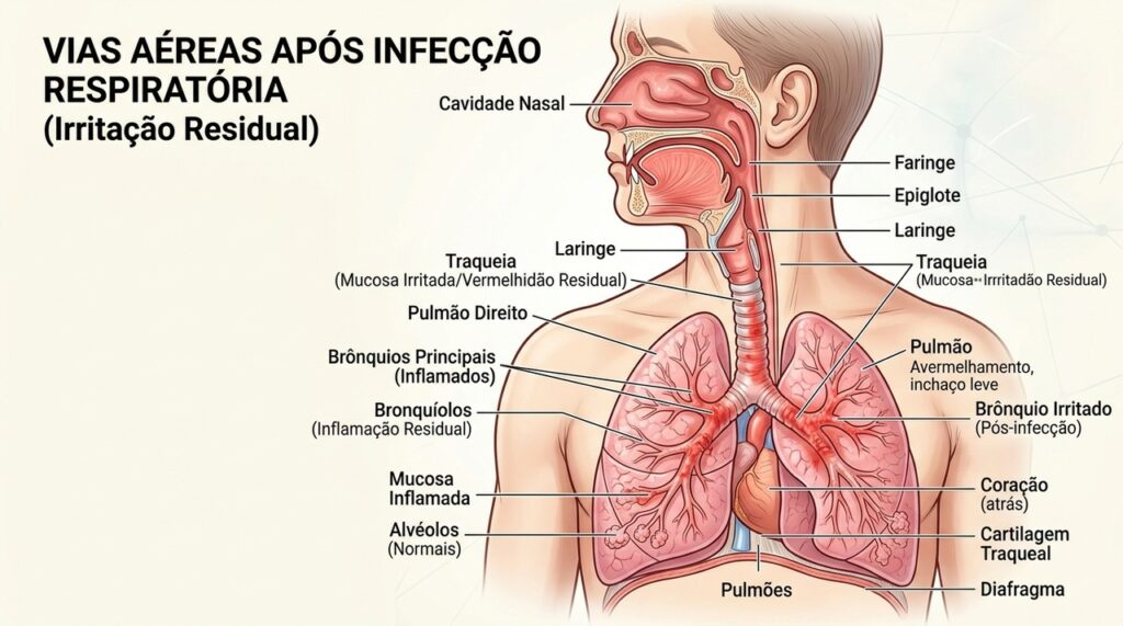 A irritação das vias respiratórias pode manter a tosse mesmo depois da melhora da infecção.