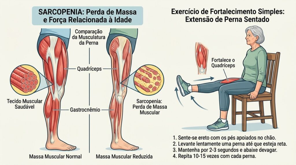 A sarcopenia reduz a força muscular, e exercícios de resistência podem ajudar a preservar a função física.