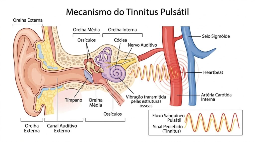 O zumbido pulsátil pode estar relacionado ao fluxo de sangue em vasos próximos às estruturas do ouvido.