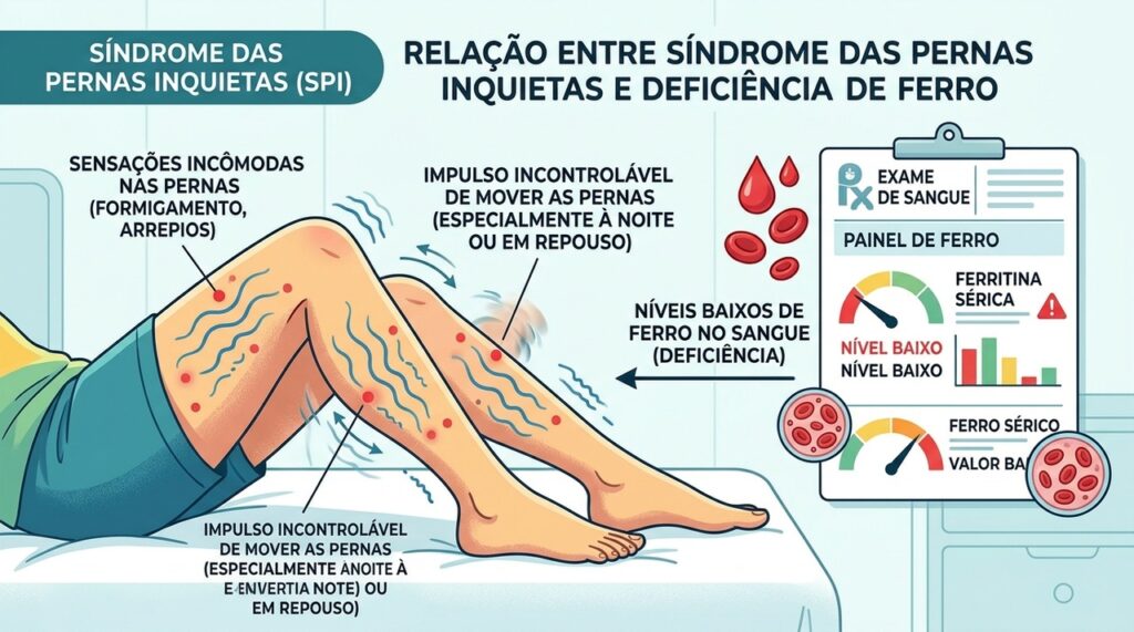 A deficiência de ferro pode estar associada à síndrome das pernas inquietas e deve ser investigada em alguns casos.