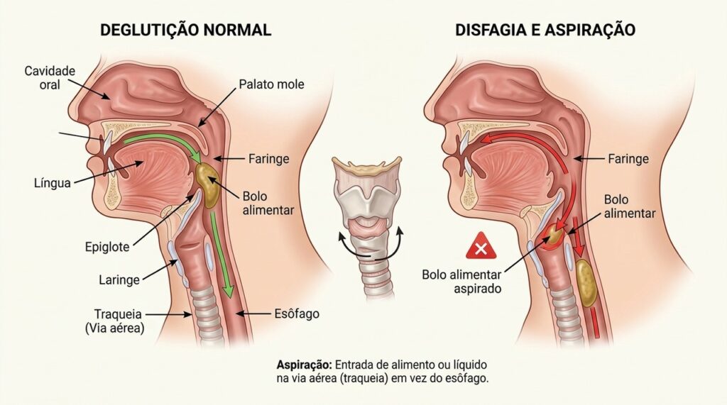 Na disfagia, alimentos ou líquidos podem seguir para as vias respiratórias e aumentar o risco de aspiração.