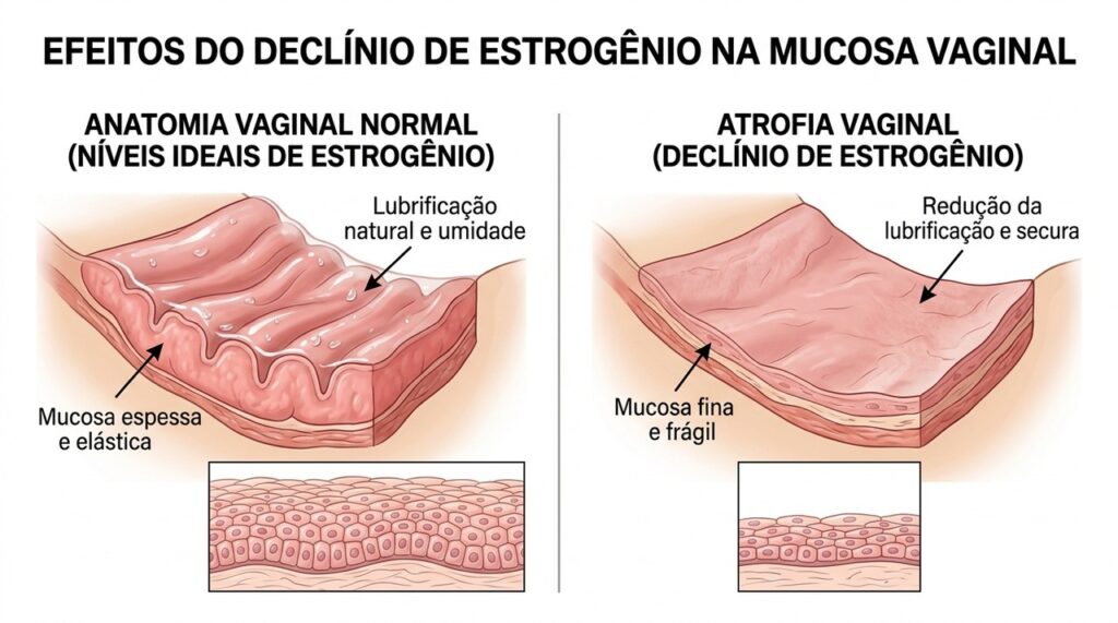 A queda do estrogênio pode deixar os tecidos vaginais mais finos, secos e sensíveis ao atrito.