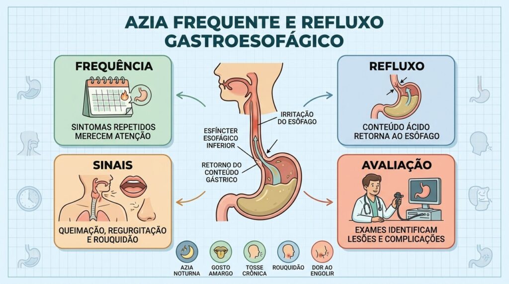 Frequência, refluxo, sintomas e exames ajudam a diferenciar azia de DRGE.