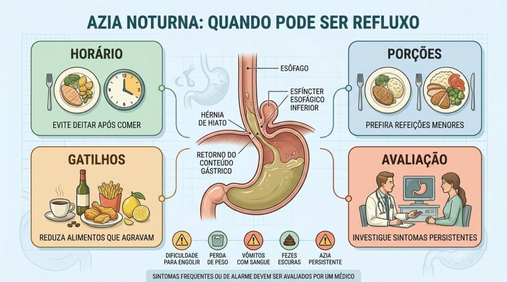 Comer tarde e deitar em seguida favorece refluxo e queimação durante a noite.