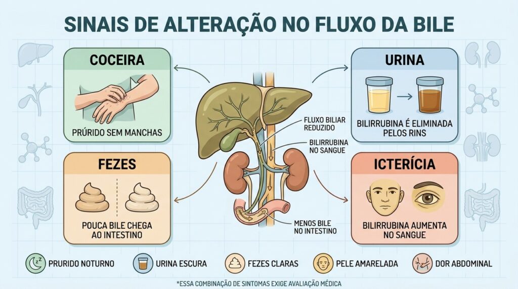 Prurido, urina escura, fezes claras e icterícia sugerem alteração biliar.