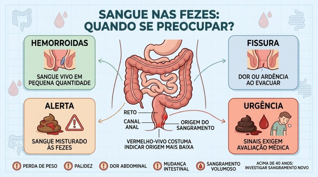 Cor, quantidade e sintomas associados ajudam a avaliar o sangramento anal.
