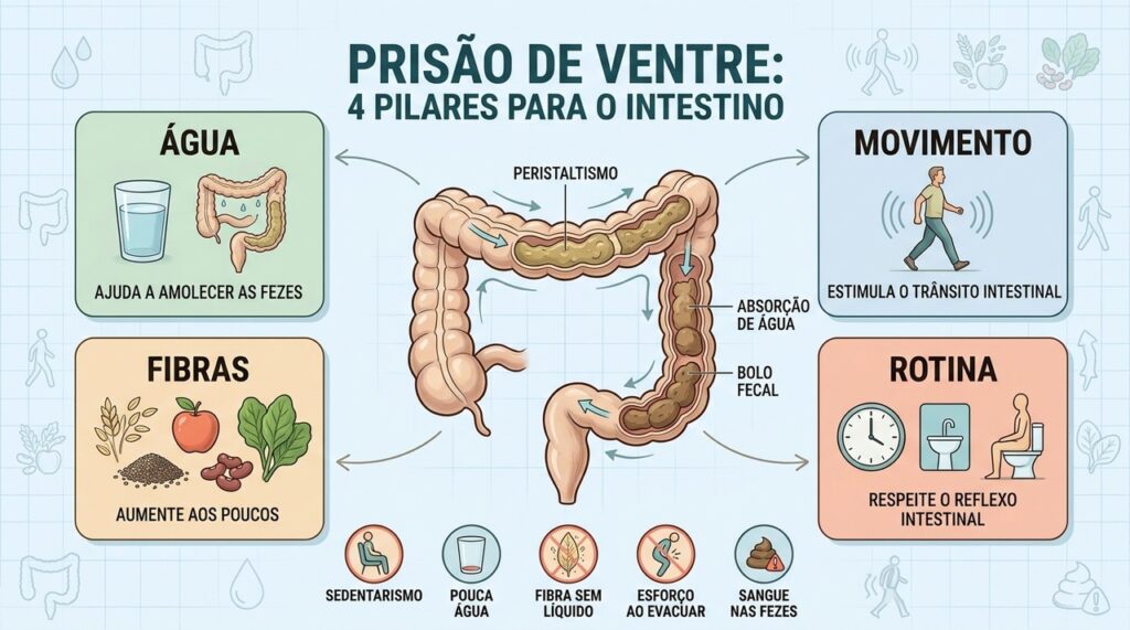 Água, movimento, fibras e rotina atuam juntos para melhorar o trânsito intestinal.