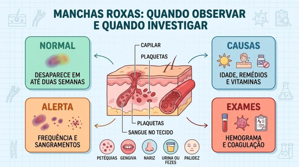 Frequência, localização e sintomas associados ajudam a decidir quando manchas roxas precisam investigação.