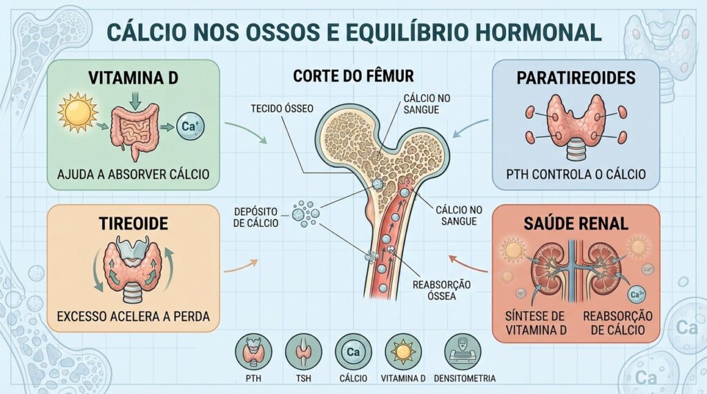 PTH, tireoide e vitamina D ajudam a explicar perdas ósseas além da alimentação.