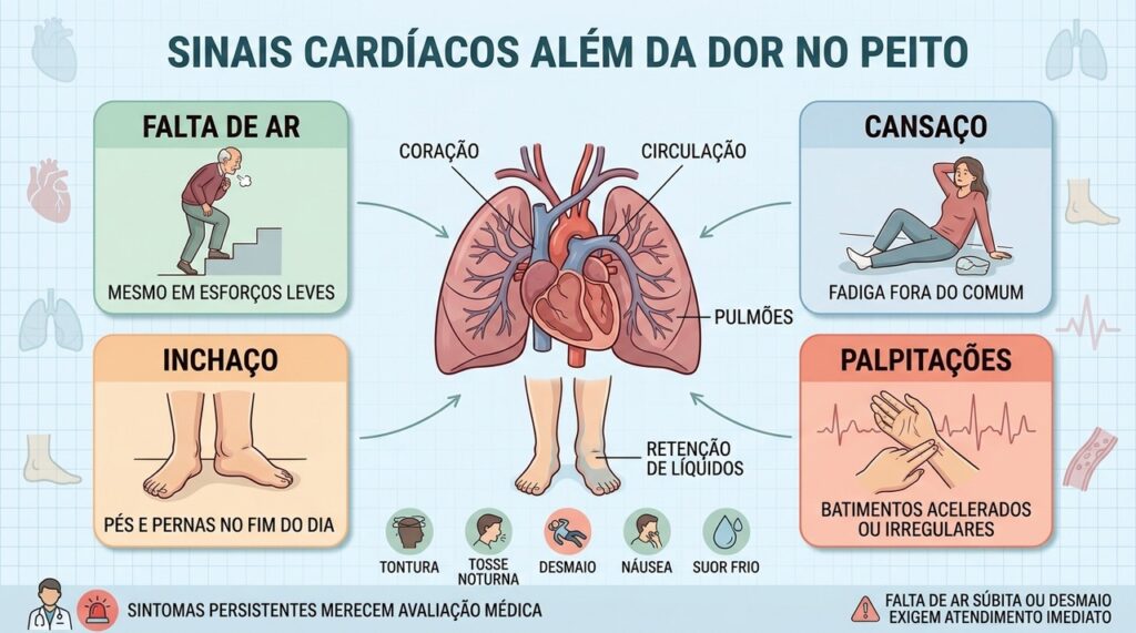 Falta de ar, fadiga, inchaço e palpitações podem indicar problemas cardíacos sutis.