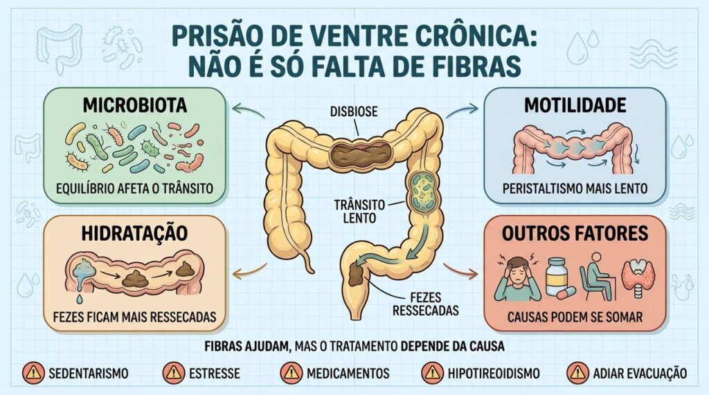 Microbiota, motilidade, hidratação e fatores associados ajudam a explicar a constipação crônica.