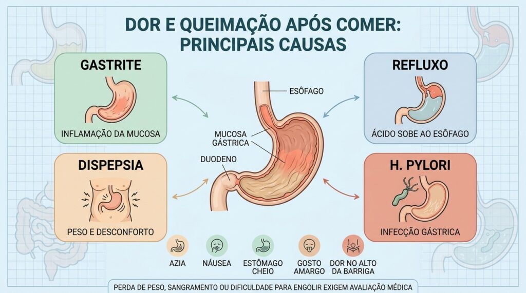 Gastrite, refluxo, dispepsia e H. pylori podem causar queimação após refeições.