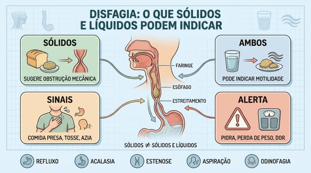 O padrão da disfagia ajuda a diferenciar obstrução, motilidade e sinais de alerta.