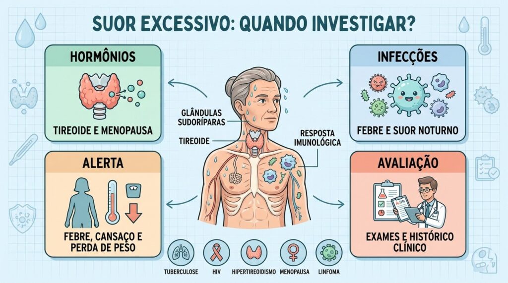 Hormônios, infecções, sintomas de alerta e avaliação médica ajudam a investigar a sudorese persistente.