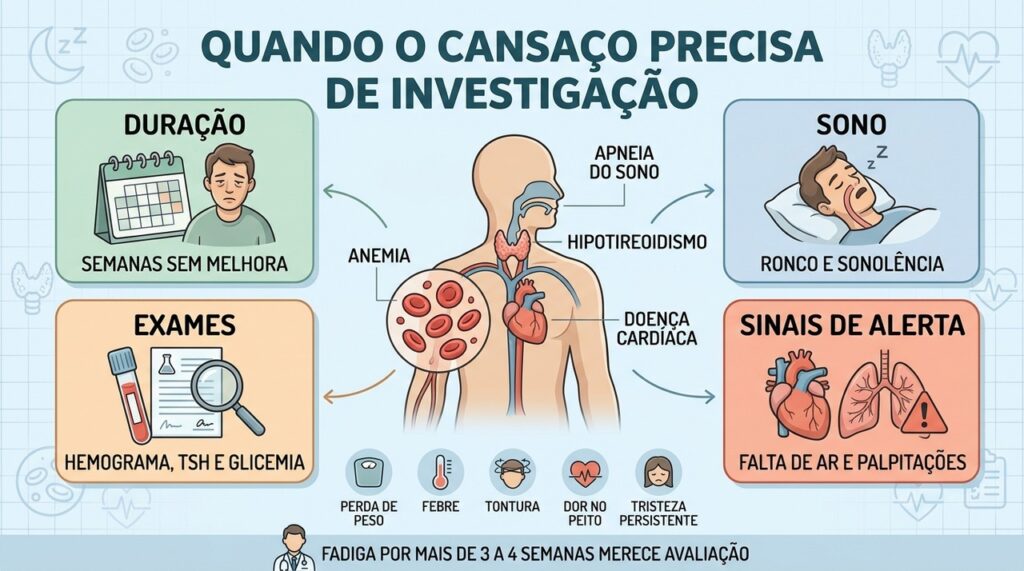 Duração, sono, exames e sinais de alerta ajudam a investigar fadiga persistente.