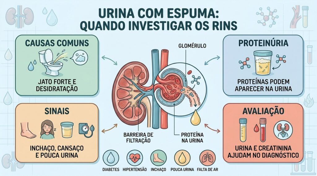 Causas, proteinúria, sinais associados e exames ajudam a investigar espuma persistente na urina.