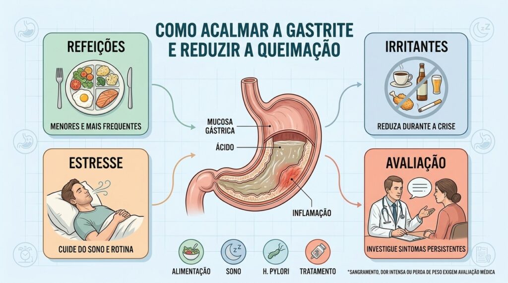 Alimentação, redução de irritantes, controle do estresse e avaliação médica ajudam na gastrite.