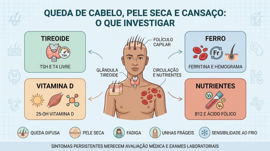 Tireoide, ferro, vitamina D e nutrientes ajudam a investigar sintomas persistentes.
