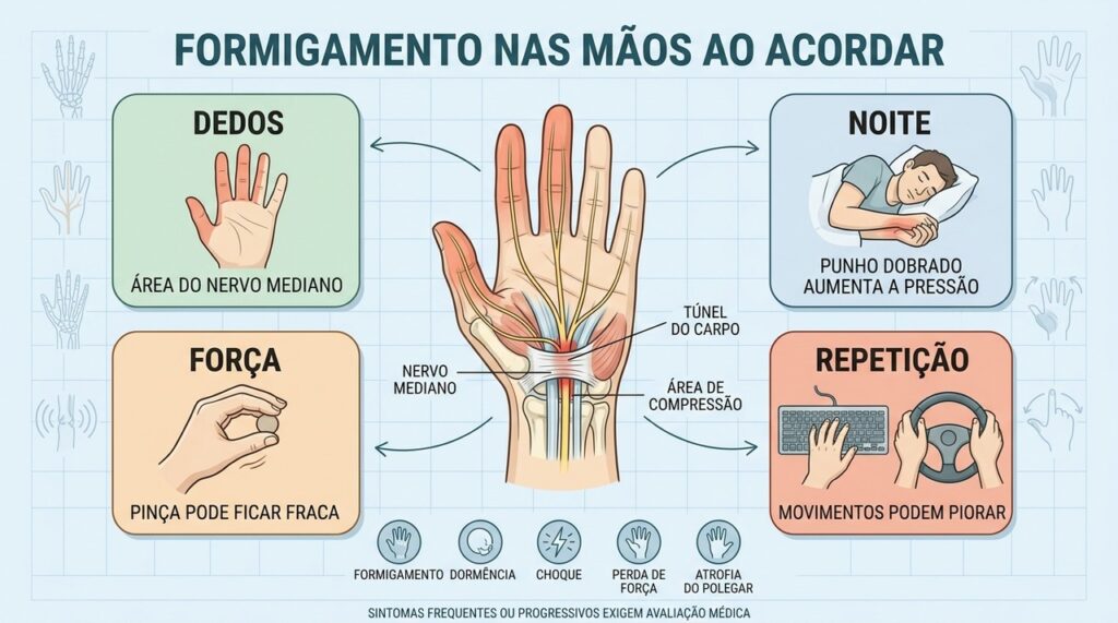 Dedos afetados, sintomas noturnos, perda de força e repetição sugerem túnel do carpo.