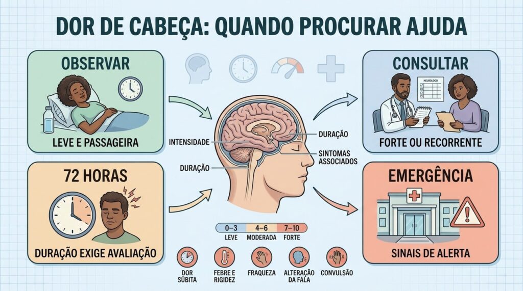 Intensidade, duração e sinais de alerta orientam observação, consulta ou emergência.