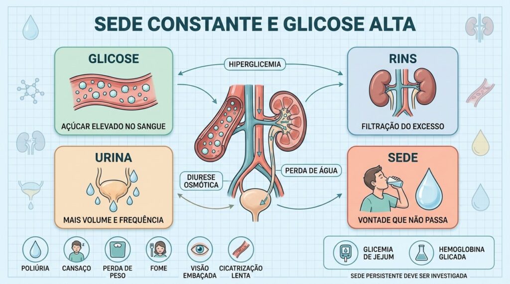 Glicose alta, ação dos rins, urina excessiva e sede formam um ciclo.