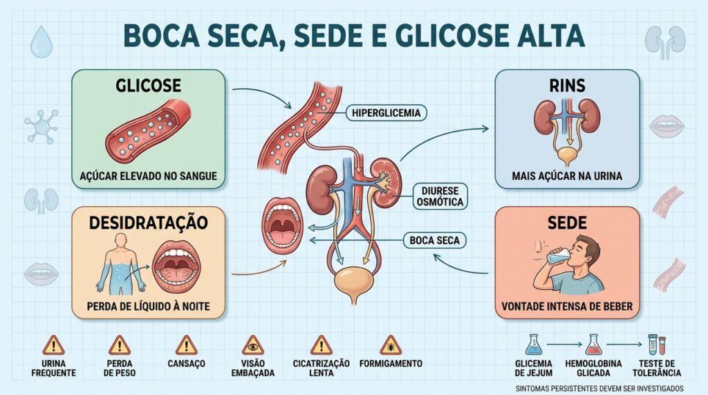 Glicose alta, perda de líquidos, boca seca e sede formam um ciclo.
