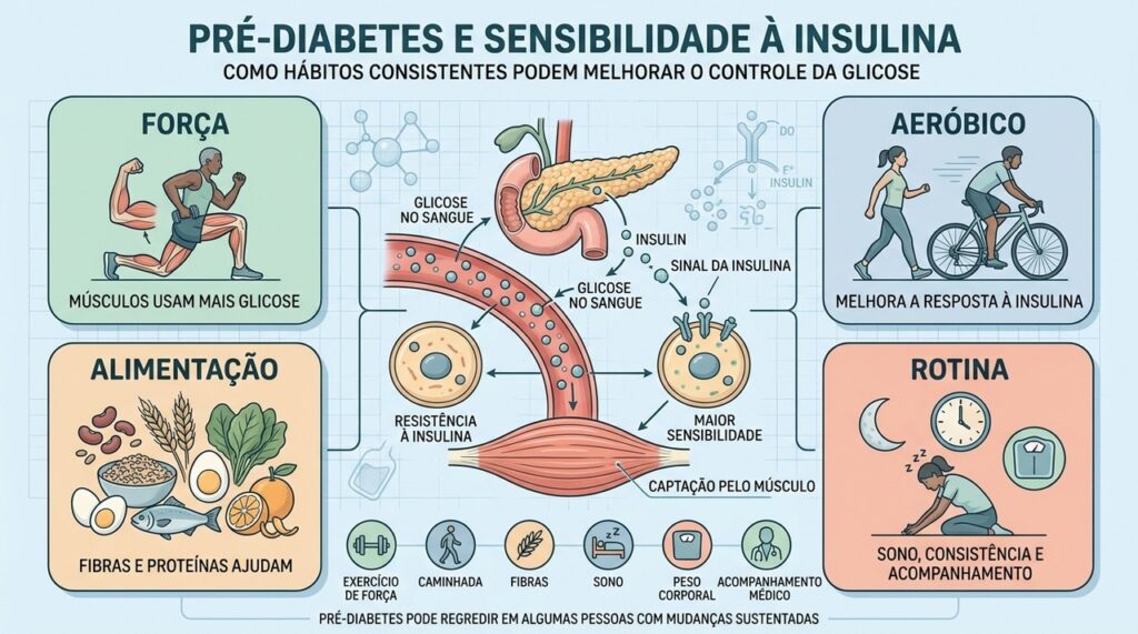 Força, atividade aeróbica, alimentação e rotina ajudam a recuperar a resposta à insulina.