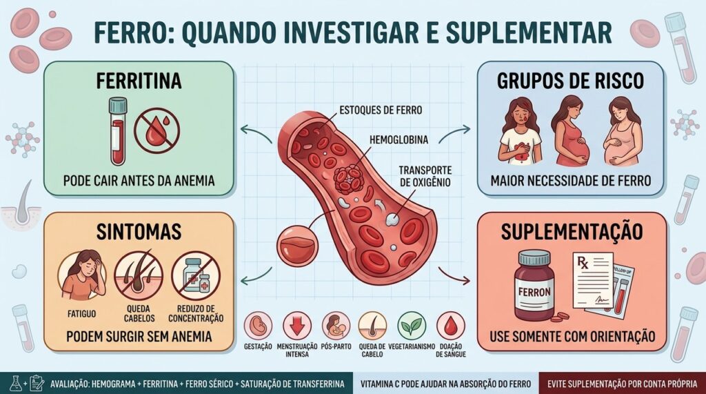 Ferritina, grupos de risco, sintomas e exames orientam a suplementação segura de ferro.