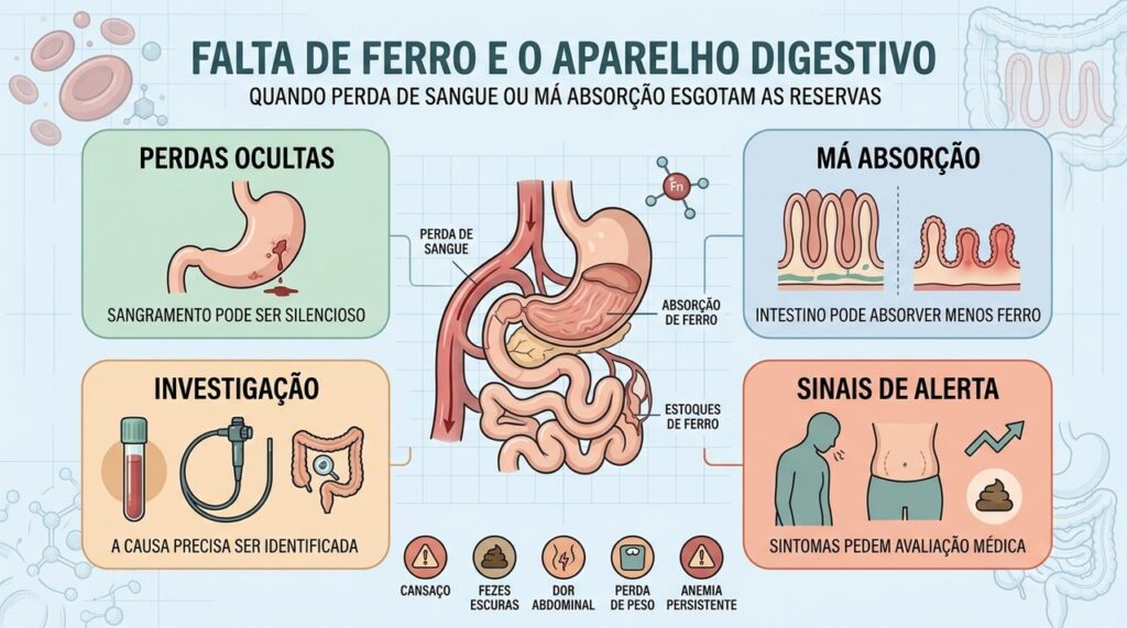 Perdas ocultas, má absorção e investigação explicam causas digestivas da falta de ferro.