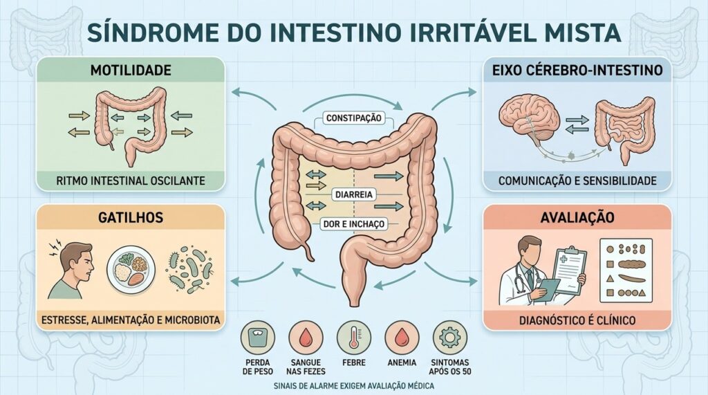 Motilidade, eixo cérebro-intestino, gatilhos e avaliação ajudam a compreender a SII mista.