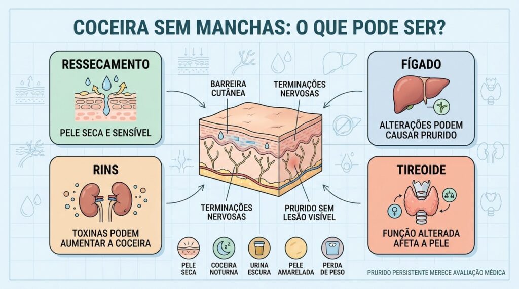 Ressecamento, fígado, rins e tireoide estão entre causas de prurido sem manchas.