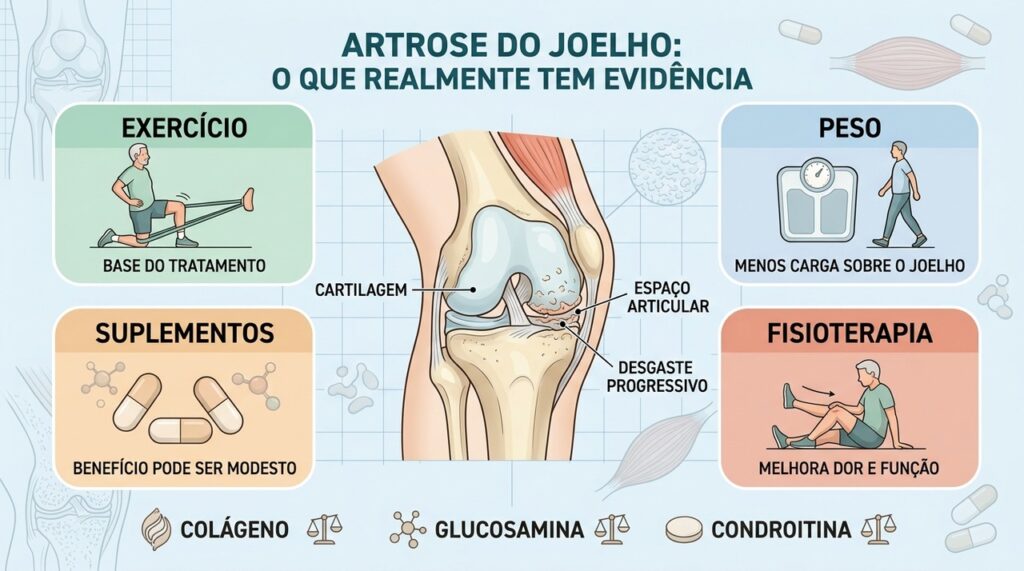 Exercício, controle de peso e fisioterapia têm papel central; suplementos oferecem benefício incerto.