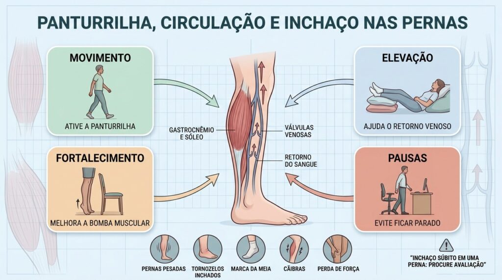 Movimento, fortalecimento, pausas e elevação ajudam a melhorar o retorno venoso.
