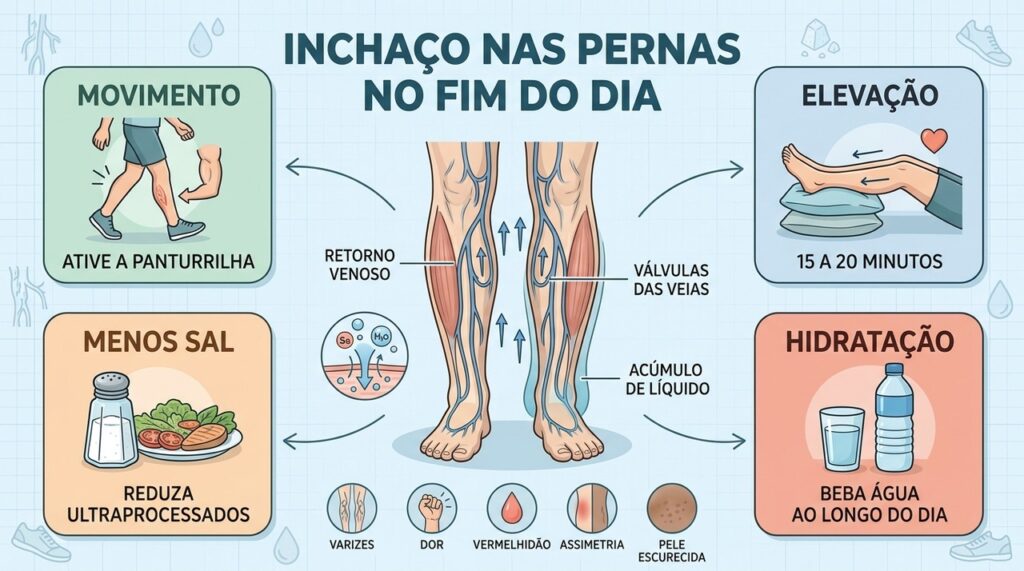 Movimento, elevação, menos sal e hidratação ajudam a reduzir o inchaço nas pernas.