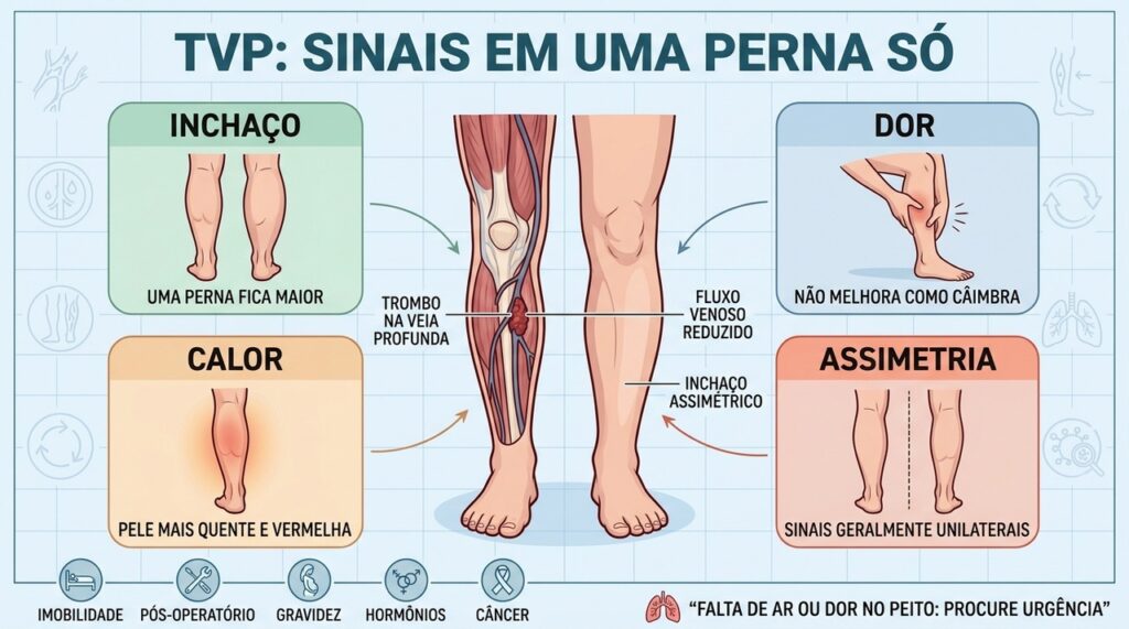 Assimetria, inchaço, dor e calor local ajudam a diferenciar TVP de câimbra.