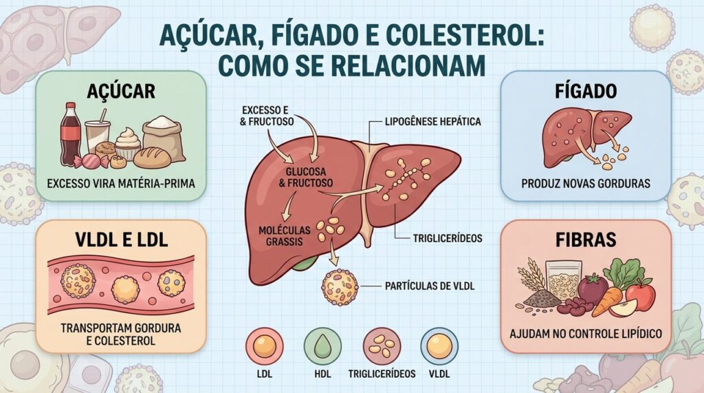 Excesso de açúcar pode estimular o fígado a produzir triglicerídeos, VLDL e LDL.