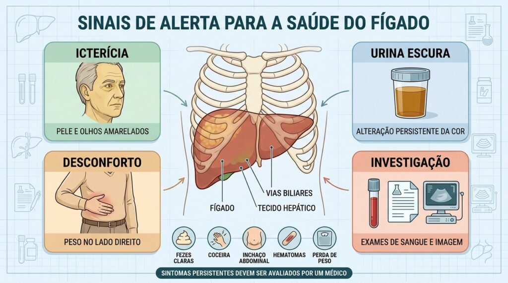 Icterícia, urina escura, desconforto e exames ajudam a investigar alterações hepáticas.