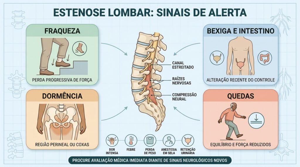 Fraqueza, alterações urinárias, dormência e quedas podem sinalizar compressão nervosa grave.