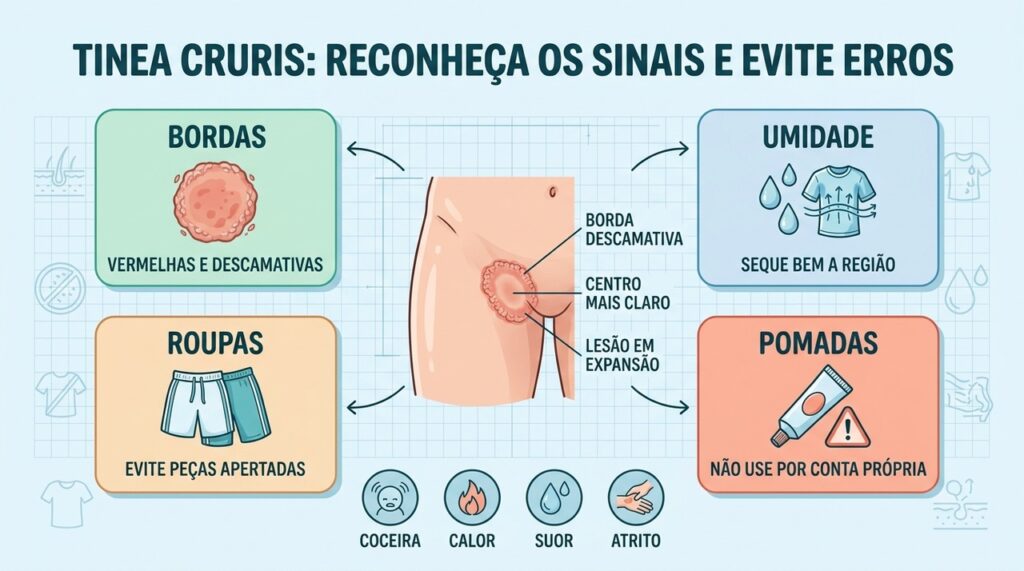 Bordas descamativas, umidade e atrito ajudam a reconhecer a tinea cruris.