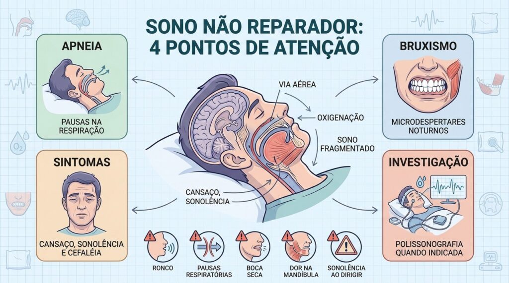 Apneia e bruxismo podem fragmentar o sono e comprometer a recuperação noturna.