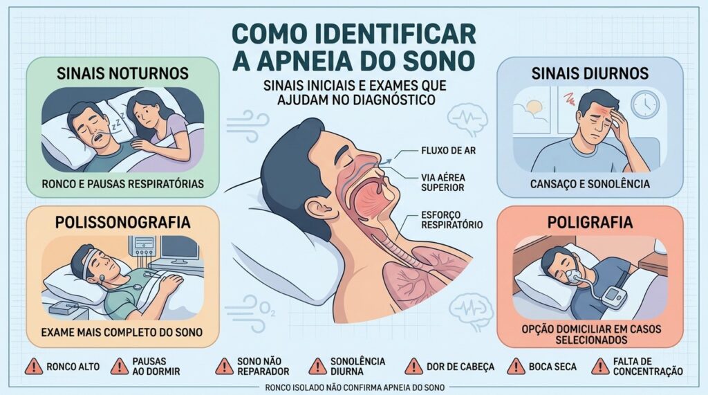 Sinais noturnos, sintomas diurnos e exames do sono orientam a investigação da apneia.
