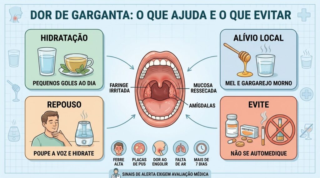 Hidratação, mel, gargarejo e repouso ajudam; antibióticos sem orientação devem ser evitados.