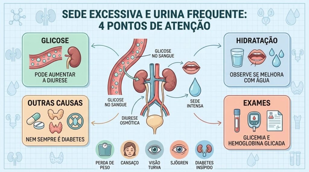 Glicose, hidratação, outras causas e exames ajudam a investigar sede e urina frequentes.