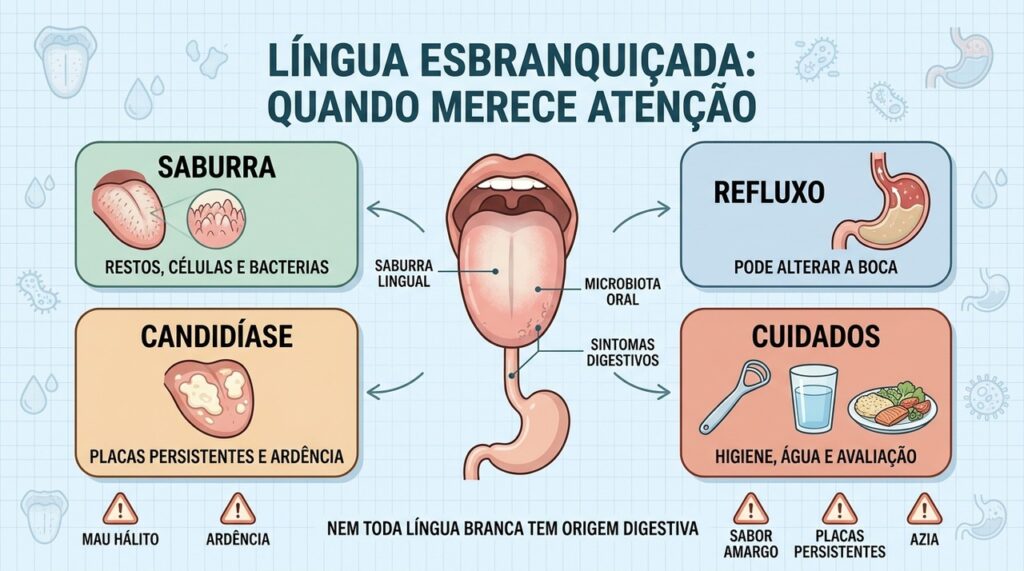 Saburra, refluxo, candidíase e higiene ajudam a orientar a investigação da língua branca.