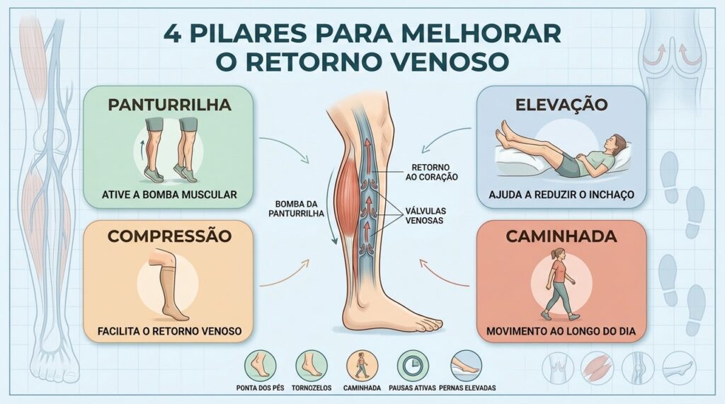 Panturrilha, elevação, compressão e caminhada trabalham juntas para melhorar o retorno venoso.