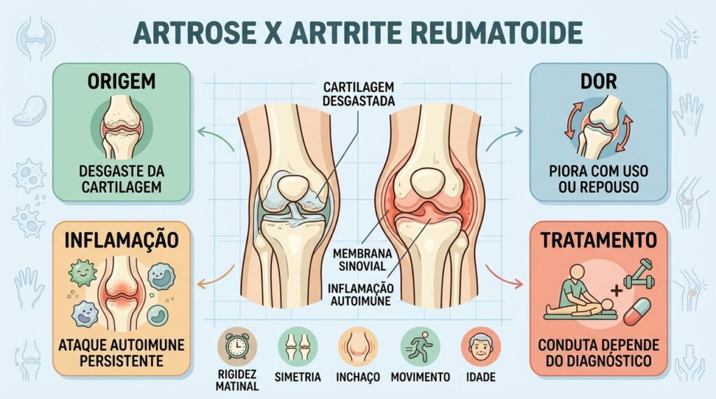 Dor, rigidez, inflamação e simetria ajudam a diferenciar artrose de artrite reumatoide.