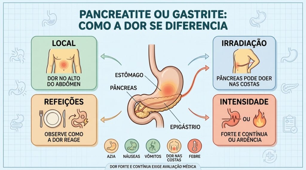 Dor, irradiação, refeições e sintomas associados ajudam a distinguir os quadros.