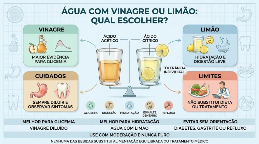 Vinagre favorece a glicemia; limão prioriza hidratação, digestão leve e vitamina C.